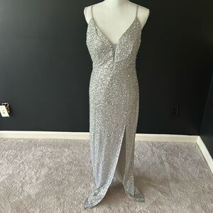 Amore Bella  NBW silver sequin high slit gown